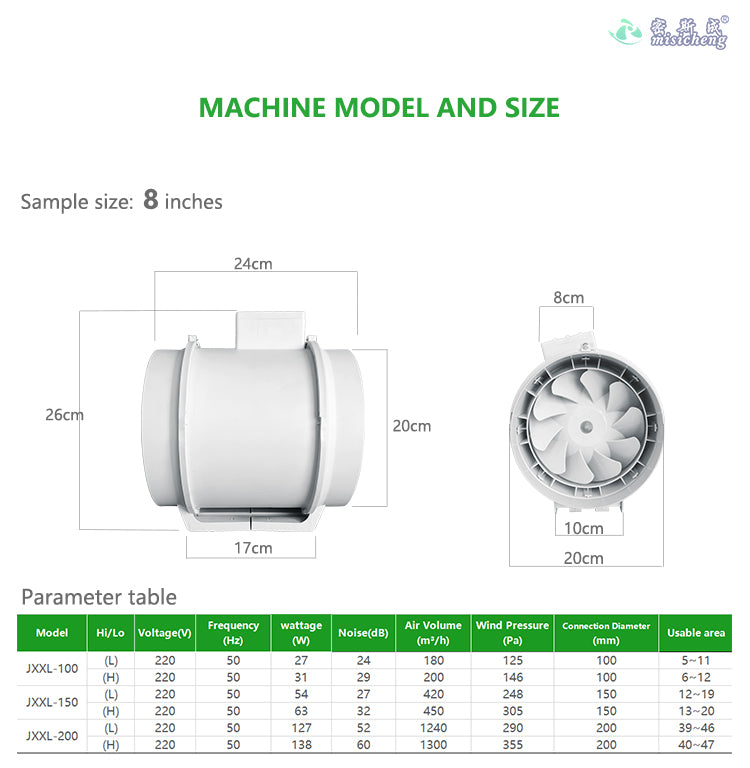 Oblique Pressurized Duct Fan with 2 Speeds, ABS+PP